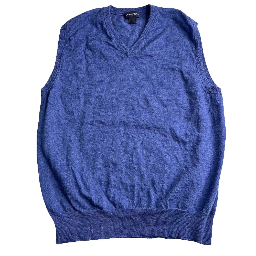 Vintage Lands End Wool Sweater Vest Mens Large Blue Made In USA Golf Classic